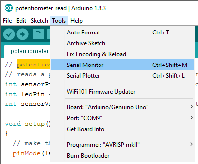 Arduino IDE Tools menu Serial Monitor