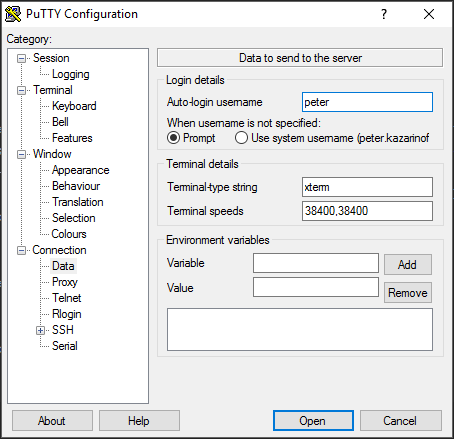 PuTTY IP Login name