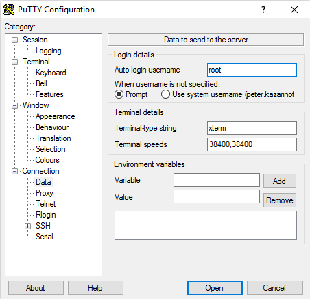 PuTTY IP Login name