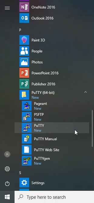 PuTTY in start menu