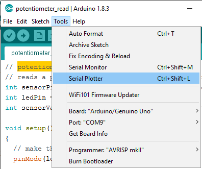 Arduino IDE Tools menu SerialPlotter