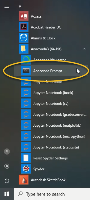 anaconda in windows start menu